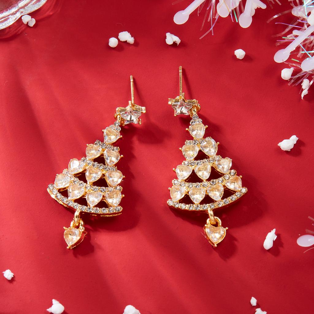 Sparkling Zircon Christmas Tree Stud Earrings for Women Shiny Green Rhinestone Tree Pendant Earring Xmas New Year Party Jewelry