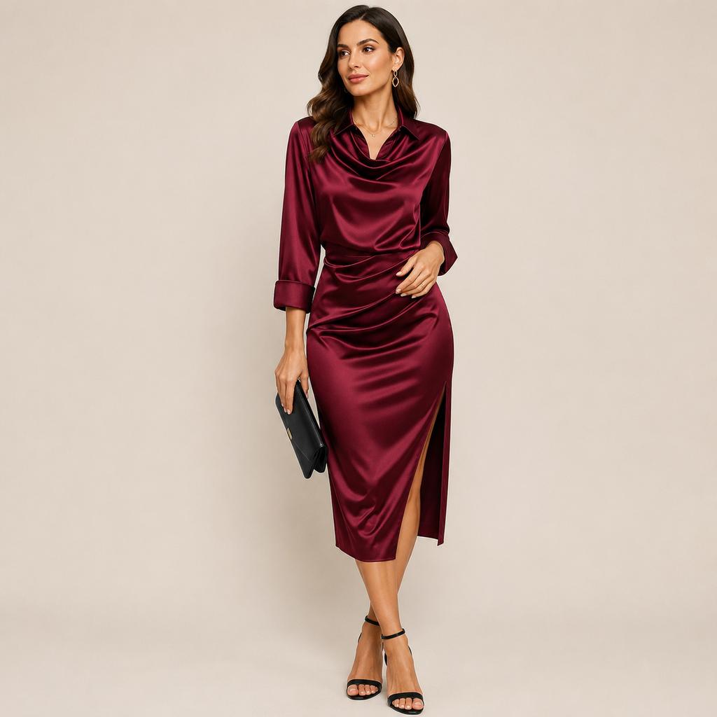Abito midi da donna in raso con scollo a drappeggio, maniche lunghe e spacco laterale, vestibilità aderente slim fit per feste serali