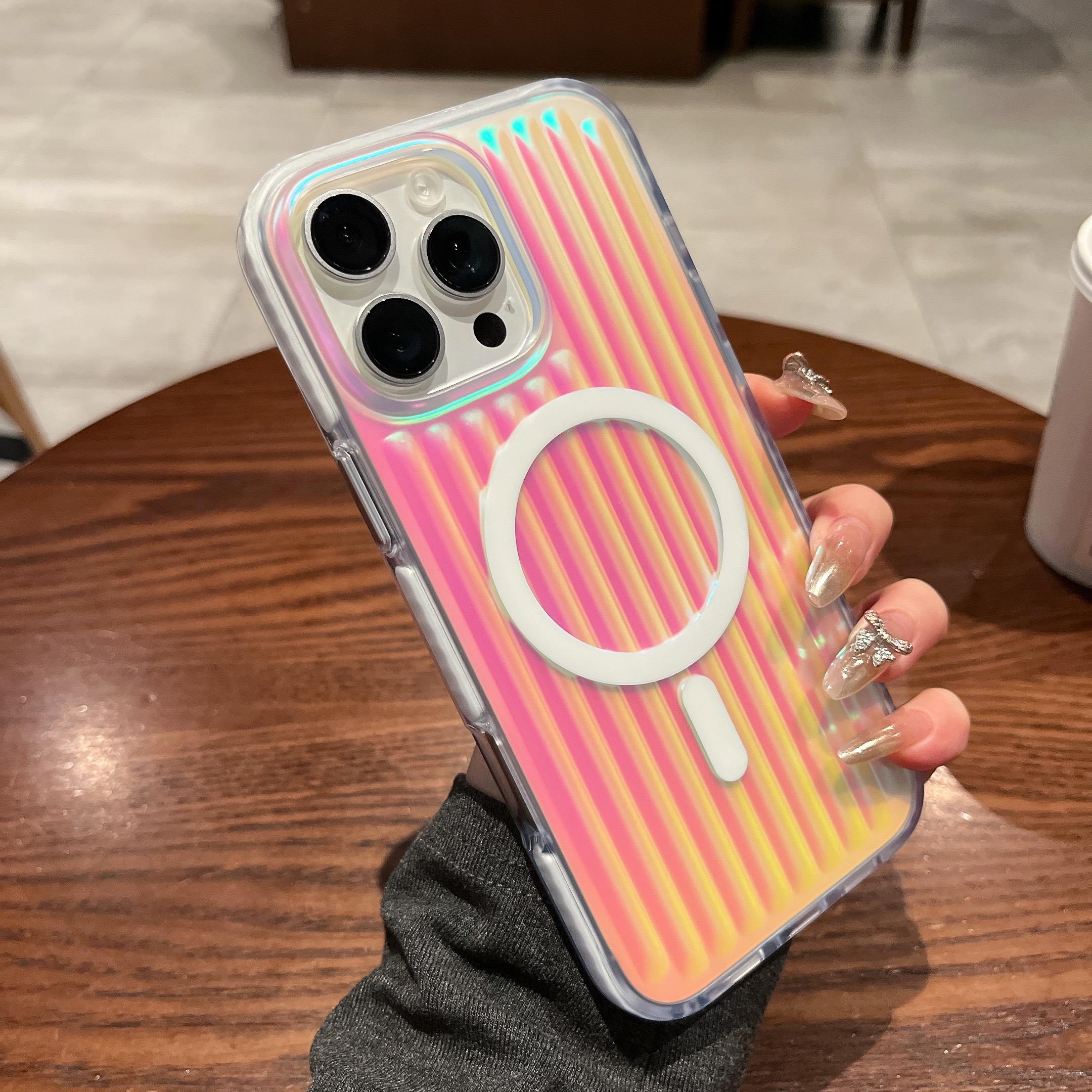 

For iPhone 16 Pro Magnetic Case Dazzling Gradient Color PC+TPU Phone Back Cover Corrugated Design Rainbow Light