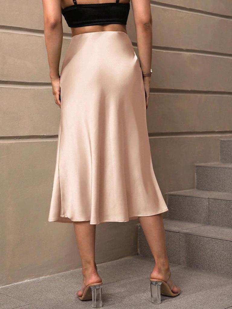 European & American Style Satin Midi Skirt - Spring/Summer 2025 - Elegant A-Line Polyester Skirt
