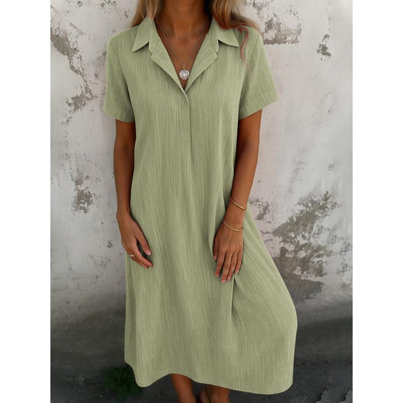 JKASHDK Women's Fashion Summer Spring Solid Color Print Short Sleeve POLO Neck Loose Waistline Casual Dresses