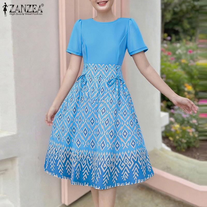 ZANZEA Women Casual Round Neck Summer Short Sleeve Print Dress