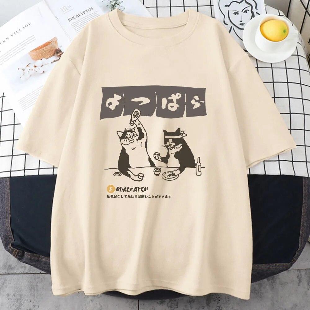 Women Tshirt Streetwear Japanese Harajuku Funny Drinking Cat T-Shirt 100% Cotton Summer Cartoon T Shirt Unisex Hip Hop Tops Tees Unisex T-shirt