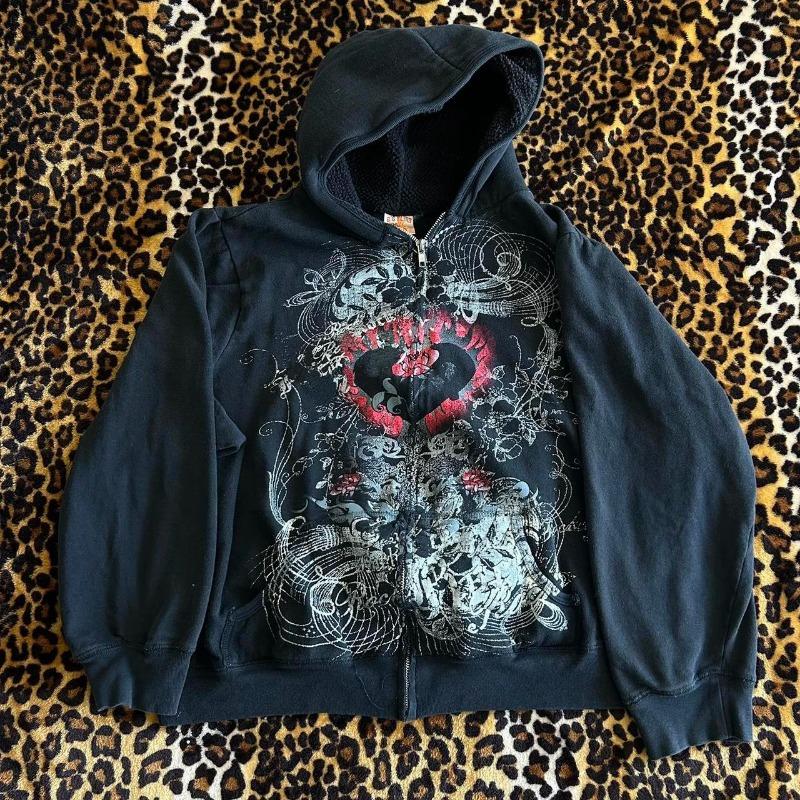 Damen Reißverschluss Emo Hoodies Gotisches Herz Muster Locker Langarm Sweatshirt Jacke für Frühling Herbst Y2K Ästhetik Streetwear