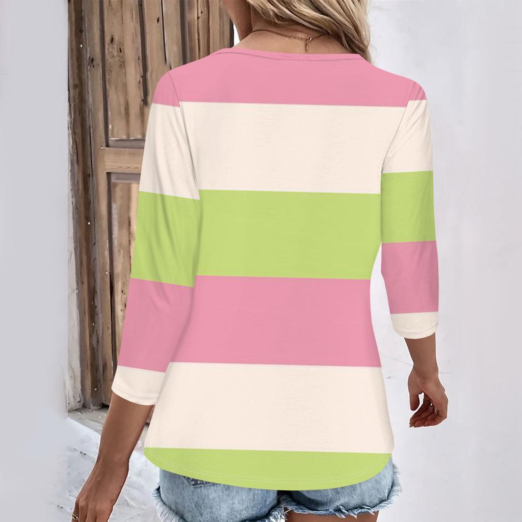 Damen-T-Shirt mit 3/4-Ärmeln, für den Alltag und das Wochenende, V-Ausschnitt, lässig, bedruckt, lockere Passform, plissierte T-Shirts, Damenbluse