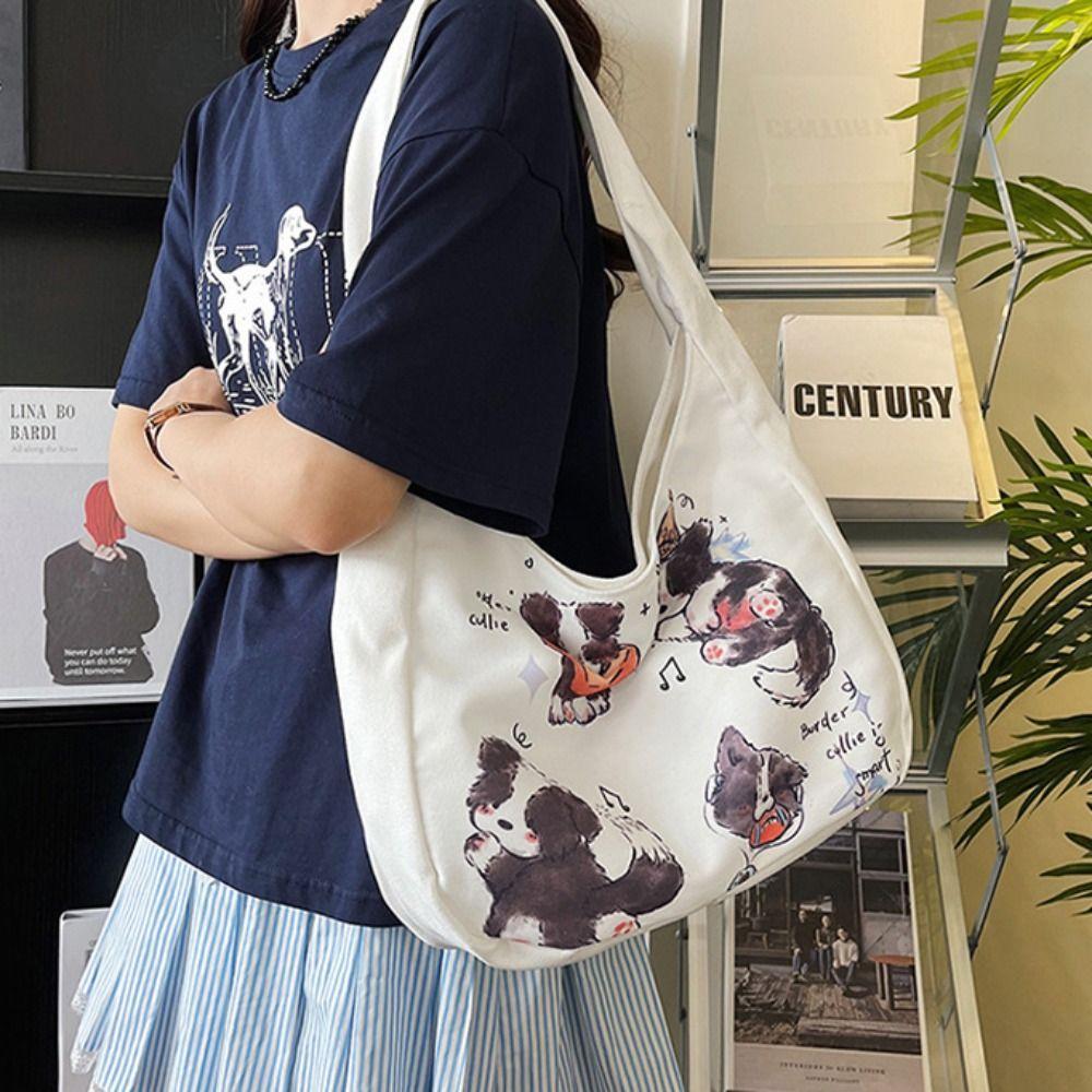 

Tote Bag Cartoon Shoulder Bag Dog Pattern Printing Handbag Pastoral Style Sweet Canvas Bag Girls