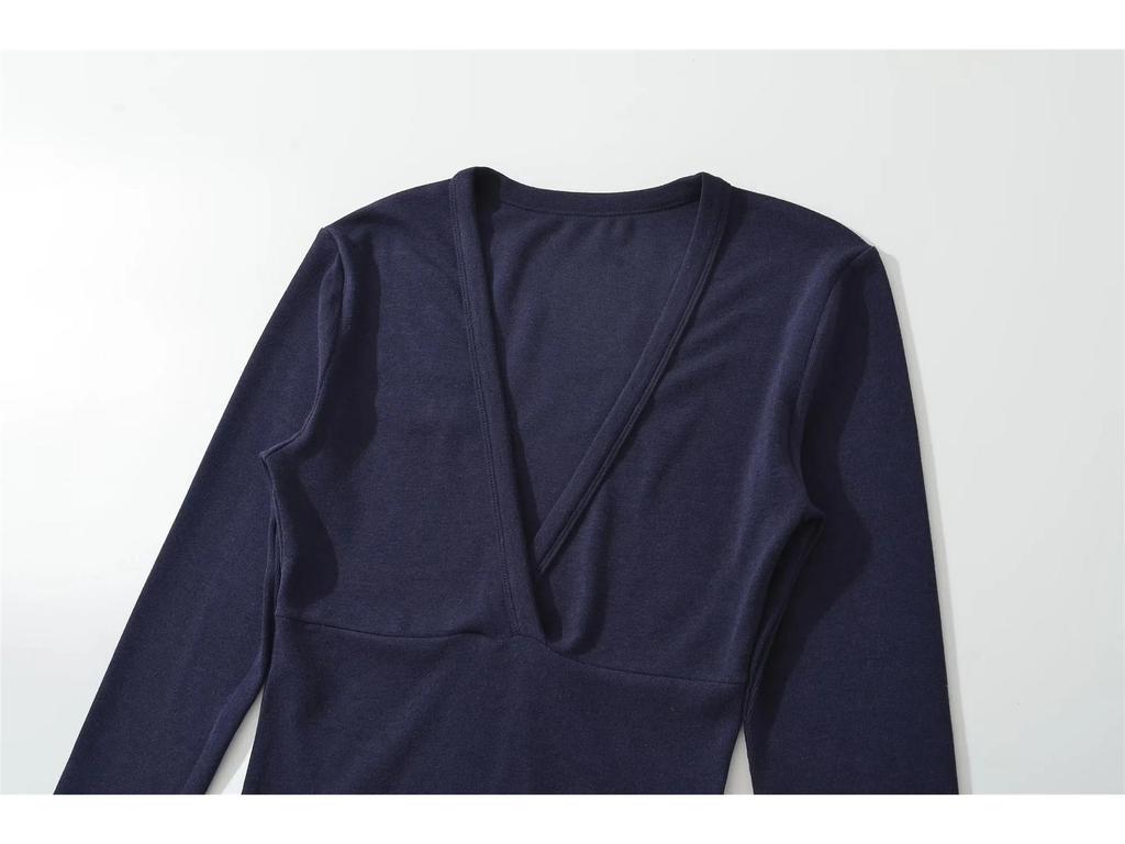 Women's Spicy American Deep V-neck Waist-cinching Long-sleeve T-shirt - Slim Fit for Autumn