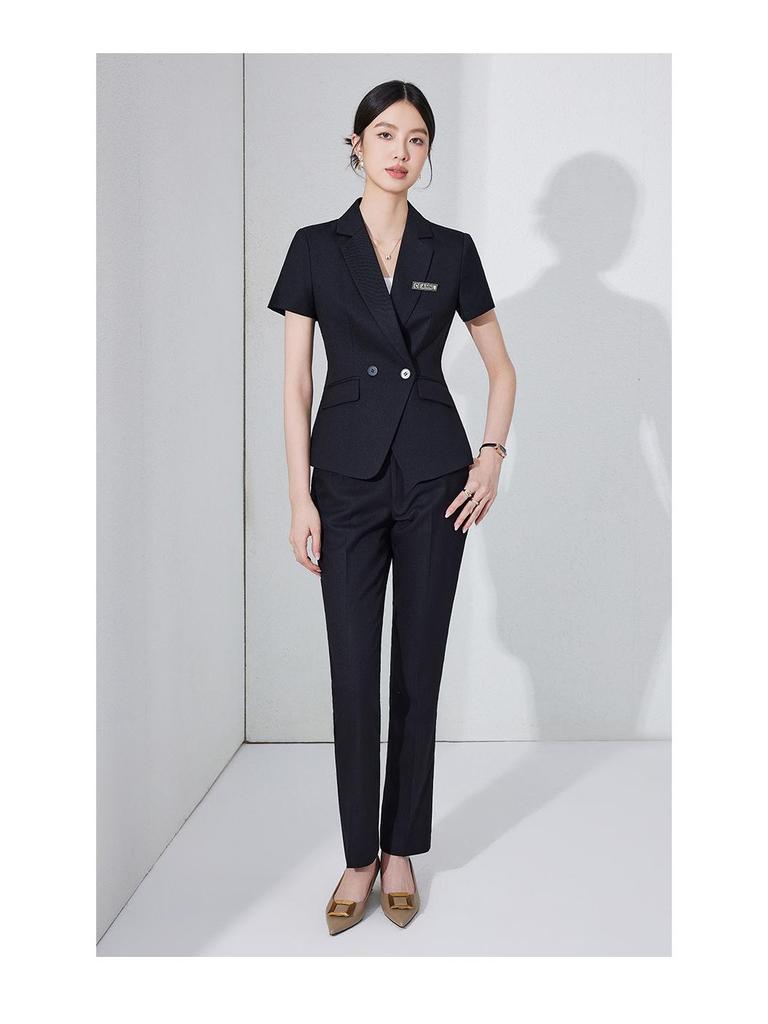 Women's Black Short-Sleeve Professional Suit Set for Summer Reception and Workwear