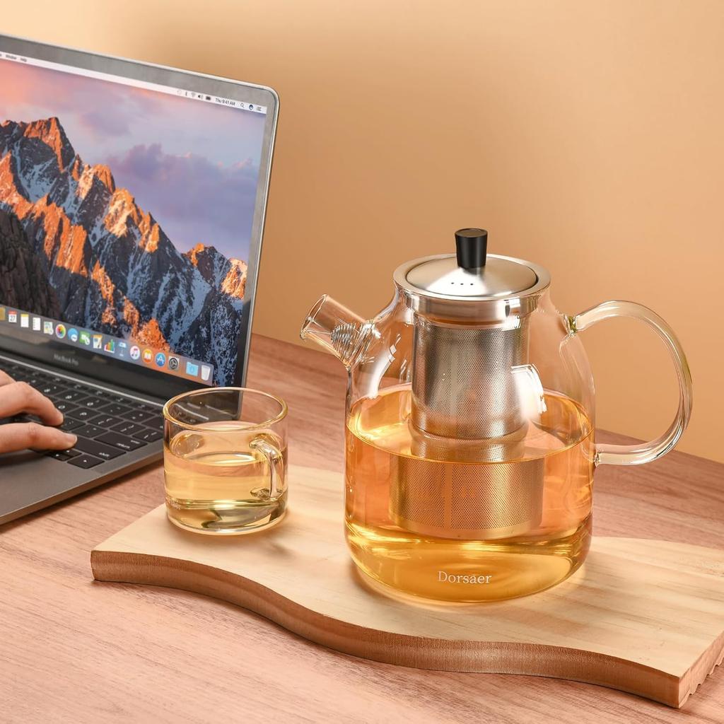 1500ml Glass Teapot with Infuser and Lid, 50oz Stovetop Safe Borosilicate Glass Tea Kettle with Removable Infuser for Loose Leaf Tea, Herbal Tea,