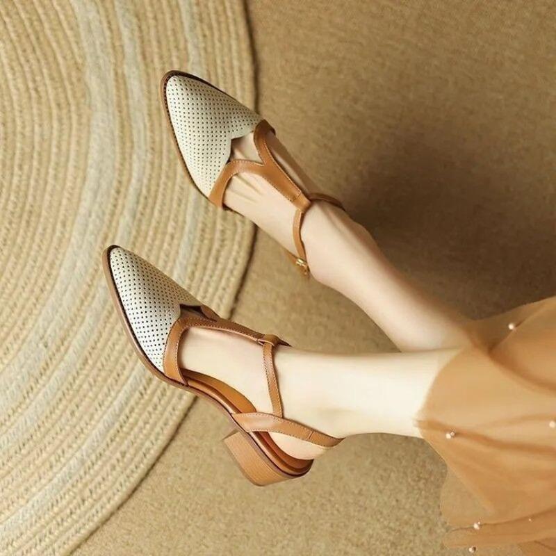 Fashion NEW Summer Women Sandals Split Leather Shoes for Women Simple Chunky Heel Shoes Cover Toe Slingback Pointed Toe Designer Sandals