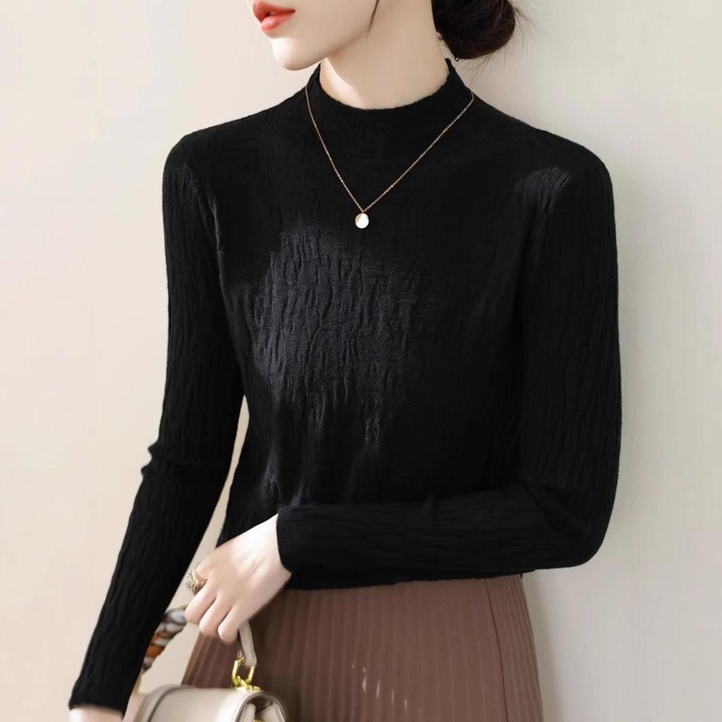 Women's High-Quality Textured Winter Sweater with Half-High Collar and Long Sleeves