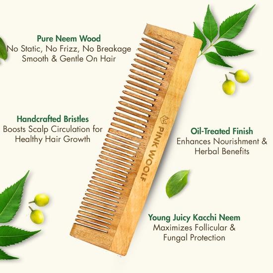 Rosa Woolf Kacchi Neemholz Kamm für Frauen, Entwirrt Ihr Haar und Kontrolliert Frizz, Antibakterieller Haarstyling-Kamm mit Feinen