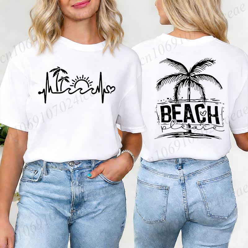 Summer Beach The Beach Is My Happy Place Graphic T Shirts Women Casual Short Sleeve O Neck Loose Fit Ladies Vacation Tee Tops