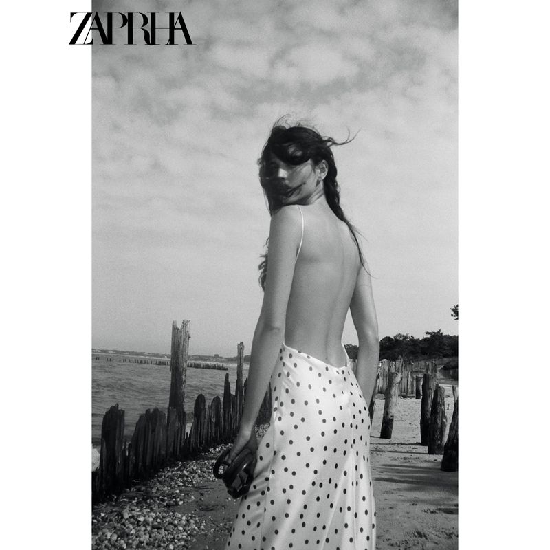 Zaprha 2025 Summer New Vacation V-neck Backless Polka Dot Silk Satin Texture Midi Dress 3067214