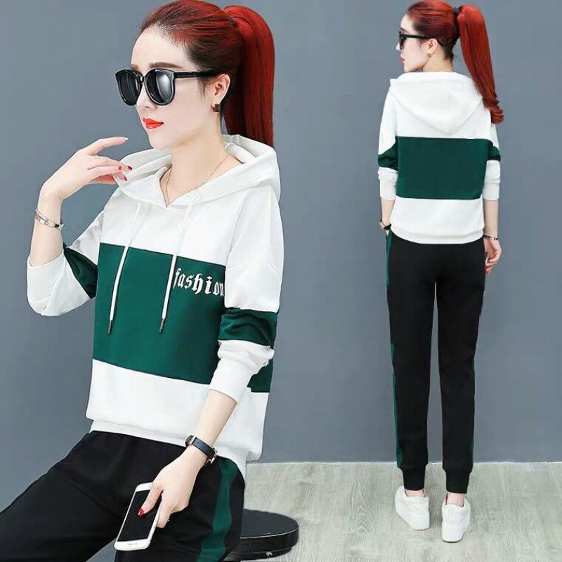 Autumn and Winter Sports Suit Women's Casual Korean Style Loose Slim Hooded Sweatshirt Large Size Two-piece Set