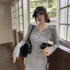 Yellow V-neck Long-sleeved Knitted Dress Women's White Inner Sweater Skirt Pure Desire Slim-fitting Hip-wrapped Long Skirt