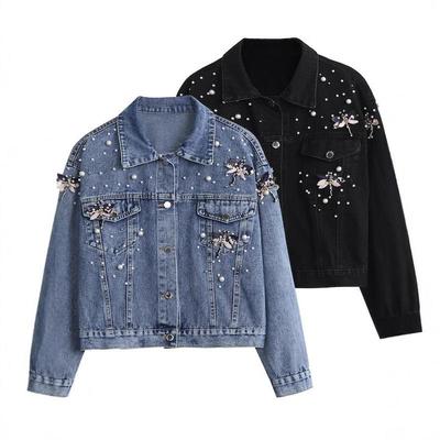2024 Frühling/Herbst Damen Jeansjacke mit Perlen und Libellen-Design