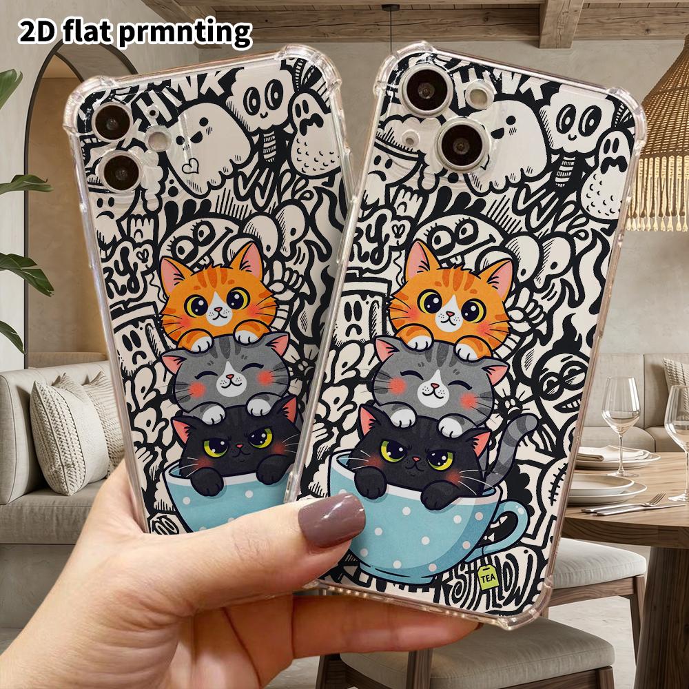 Phone Case: 2D Flat Suitable for iPhone 18 17 16 15 14 13 Pro, Transparent Four Corner Protective Case, Teacup Three Flower Cat, Christmas and Hallowe