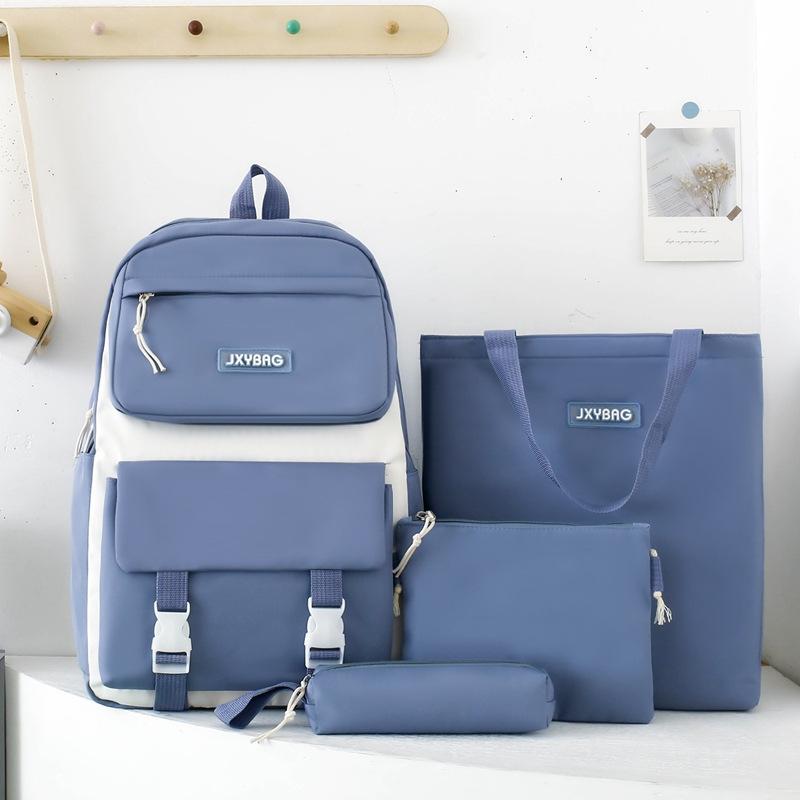 Four-piece Girls Schoolbag Simple Large Capacity Solid Color Five Backpack Junior High School Student Backpack Women
