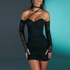 Europe, America, autumn and winter popular women's clothing, sexy mesh yarn, one-word collar pleated perspective tube top, short dress, dress