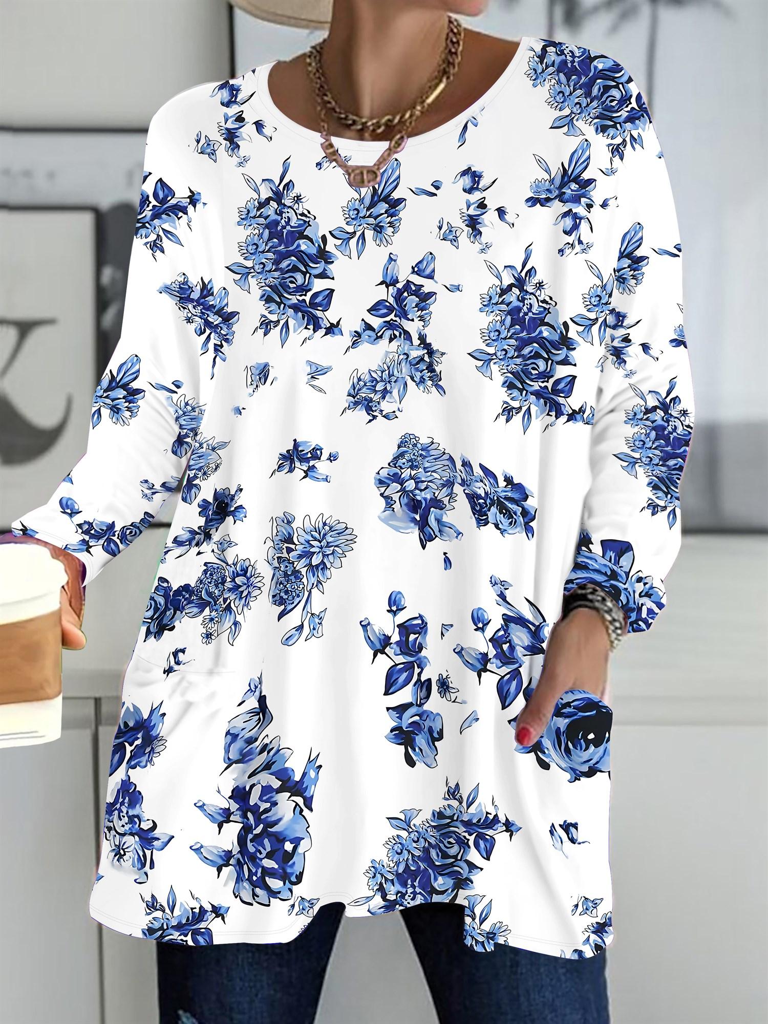 

Осень-Зима 2025 Новые Женские Топы Большого Размера, Модные Футболки с 3D-принтом цветов, с Круглым Вырезом и Длинным Рукавом 1XL синий