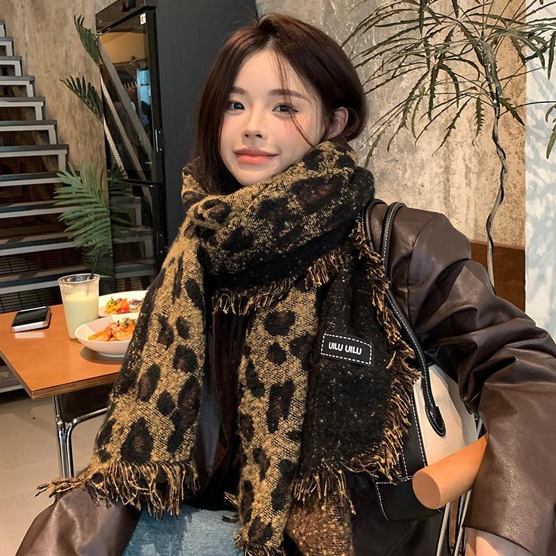 Womens Faux Cashmere Leopard Print Scarf With Fringe Warm Winter Wrap Chic Korean Style Shawl 185x55cm