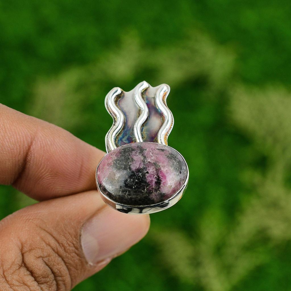 Natural Rhodonite Gemstone Promise Ring Size 7.75 925 Sterling Silver Jewelry