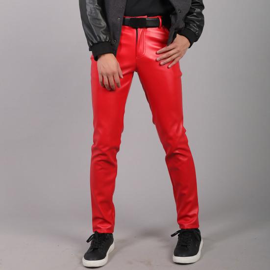 Men Faux Leather Pants Mid Waist Slim Fit Smooth Button Zipper Placket Solid Color Waterproof Hip Hop Style Streetwear Party Club Performance Trousers