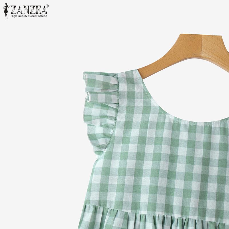 ZANZEA Women Casual Round Neck Sleeveless Summer Grid Print Tank Tops