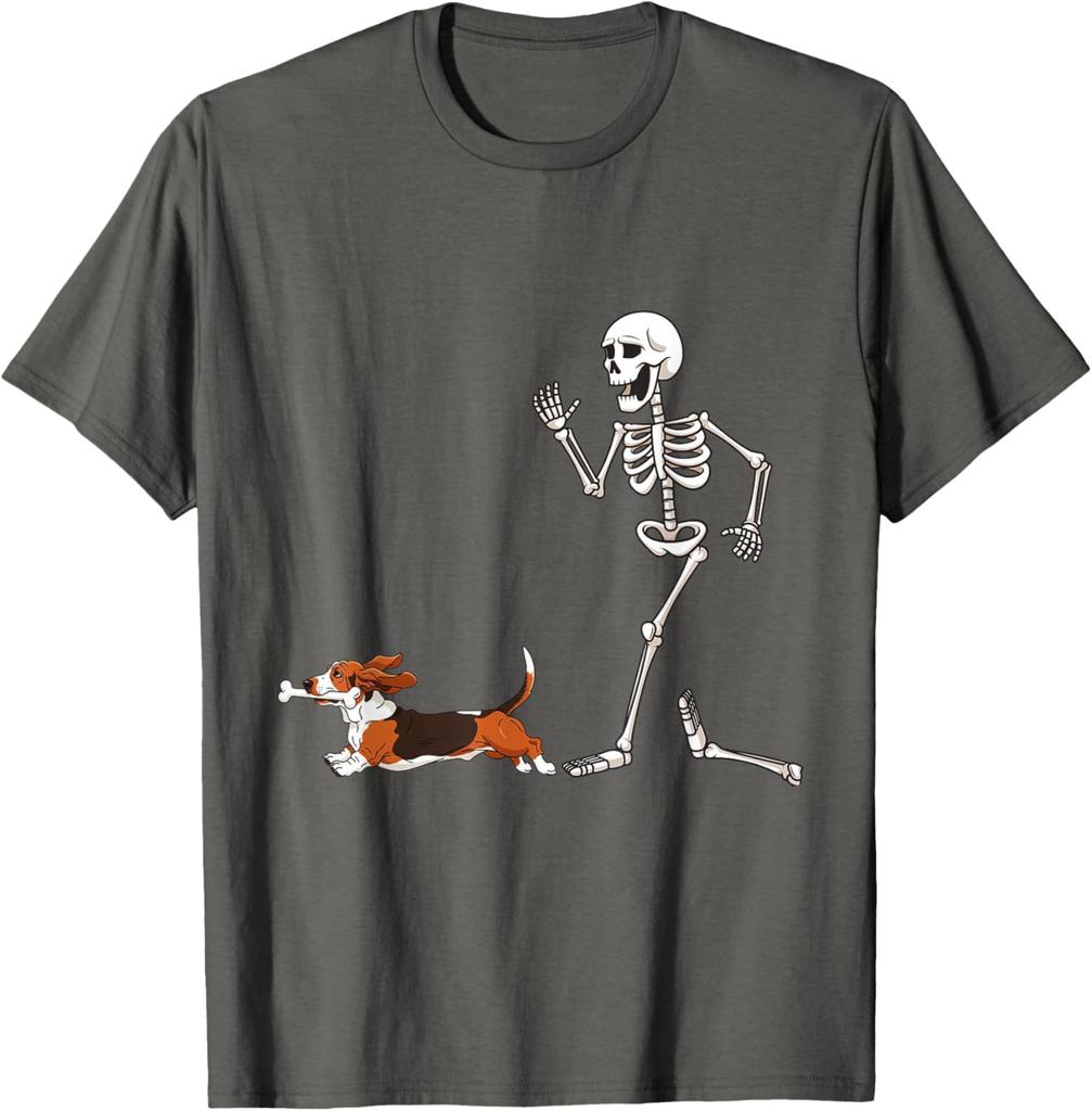 Skeleton Running After Basset Hound Graphic Tee Funny Halloween Dog Lover Casual Trip T-Shirt