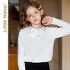 Little Naive Girls' Satin Bow Collar Long Sleeve T-shirt