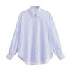 Fashion Style Summer New Women's Linen Blended Long Sleeves Polo Collar Stripes Loose Shirt 0340151