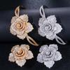 WWJ Super Luxury Zirconia Large Golden Color Geometric Flower Wedding Ring Bangle Sets