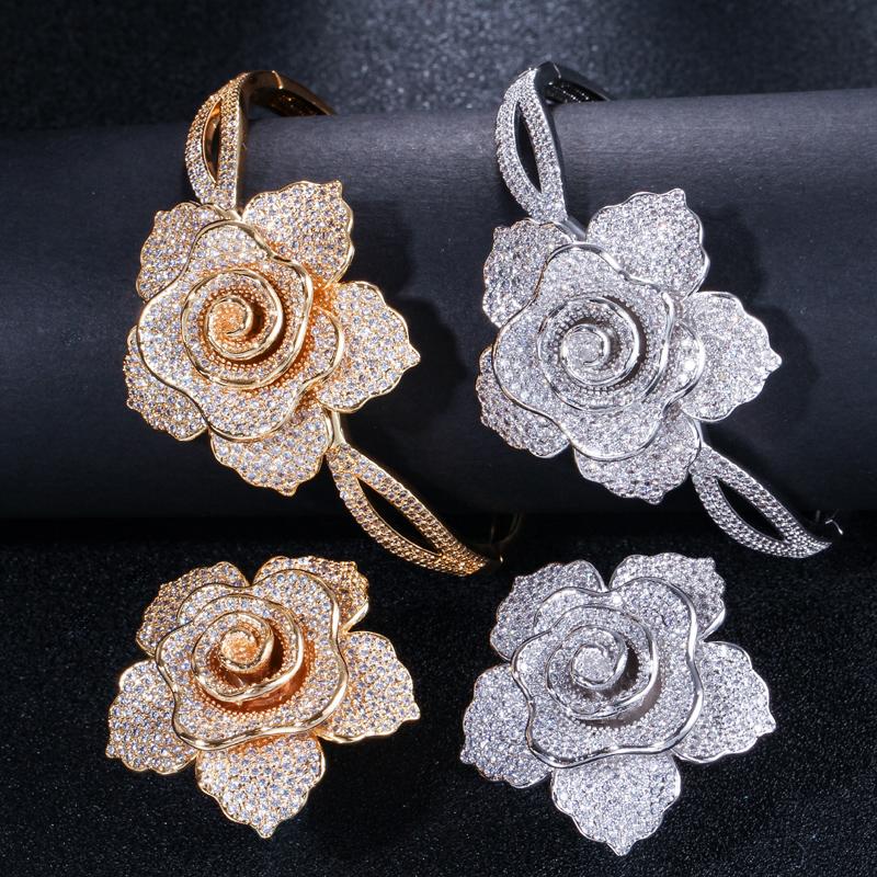 WWJ Super Luxury Zirconia Large Golden Color Geometric Flower Wedding Ring Bangle Sets