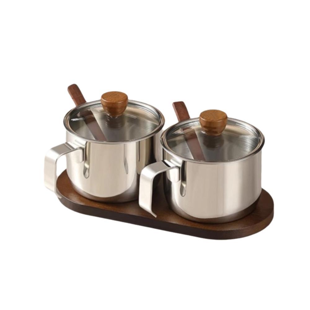 Dust-proof Stainless Steel Seasoning Jar Set With Spoon Tray Salt Storage Container  Sugar