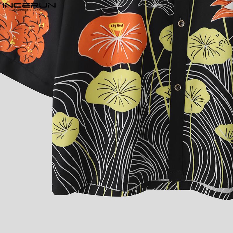 INCERUN Cămăși Topuri Bărbați Casual Largi cu Rever Mânecă Scurtă Imprimeu Floral Supradimensionate