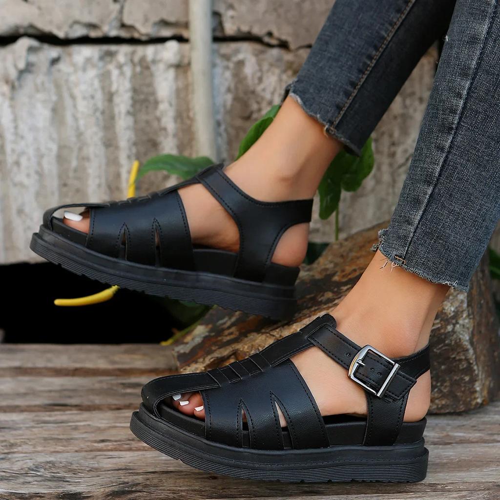Platform Roman Sandalias Women Round Toe Hollow Out Casual Summer Shoes Flat Bottom Baotou Weave Sandales Female Black Footwear