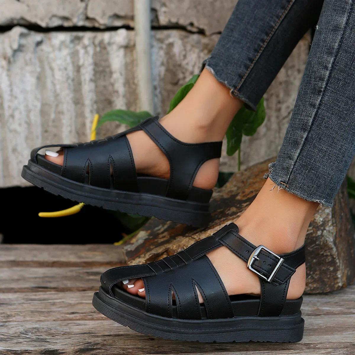 

Platform Roman Sandalias Women Round Toe Hollow Out Casual Summer Shoes Flat Bottom Baotou Weave Sandales Female Black Footwear 35