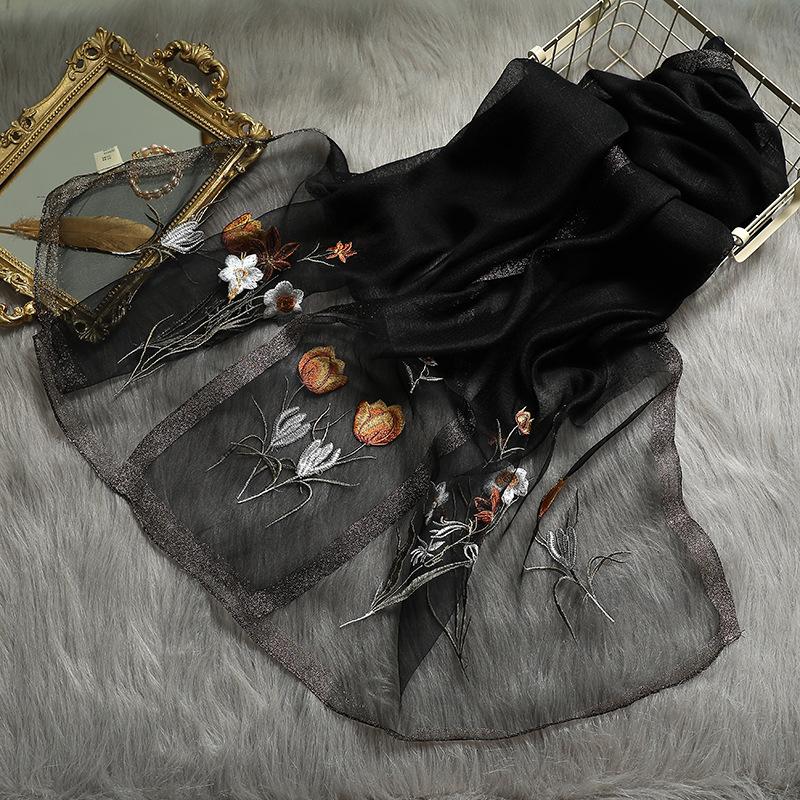 Neuer Seidenwollschal Damen Stickerei Frühling und Sommer Einfarbig Lange Schals Pashmina Damen Schal Haar Hijab Bandana