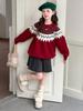 Girls' Fair Isle Red Knitted Sweater - Round Neck, Long Sleeve, Chunky Knit, for Autumn/Winter 2025, Mid & Big Kids Casual Jumper.