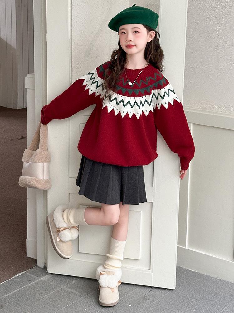 Girls' Fair Isle Red Knitted Sweater - Round Neck, Long Sleeve, Chunky Knit, for Autumn/Winter 2025, Mid & Big Kids Casual Jumper.