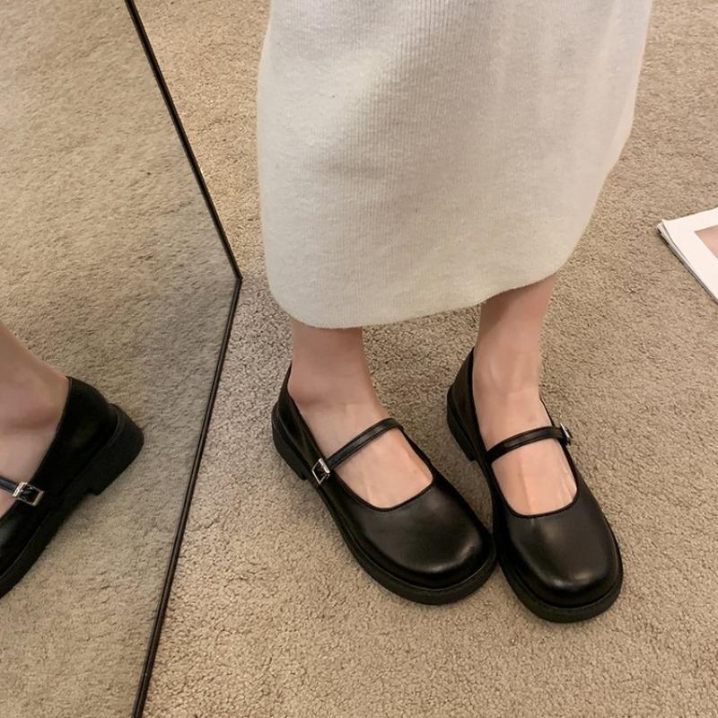 Retro small leather shoes women's new summer round head thick heel single shoes solid color skirt Mary Jane shoes