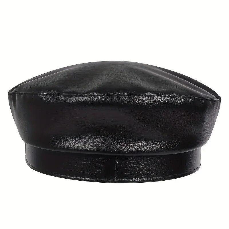 Moda Donna Fibbia Grande Cintura Cappello in Pelle Primavera Autunno Cappelli da Marinaio Nero Berretto da Donna Cappelli Piatto Capitano Militari da Uomo