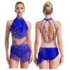 Womens Rhinestones Latin Dance Performance Gymnastics Figure Skating Costume Jazz Dance Outfits Tassels Adorned Leotard Bodysuit