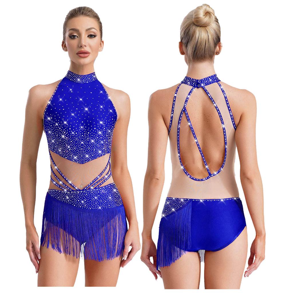 Womens Rhinestones Latin Dance Performance Gymnastics Figure Skating Costume Jazz Dance Outfits Tassels Adorned Leotard Bodysuit
