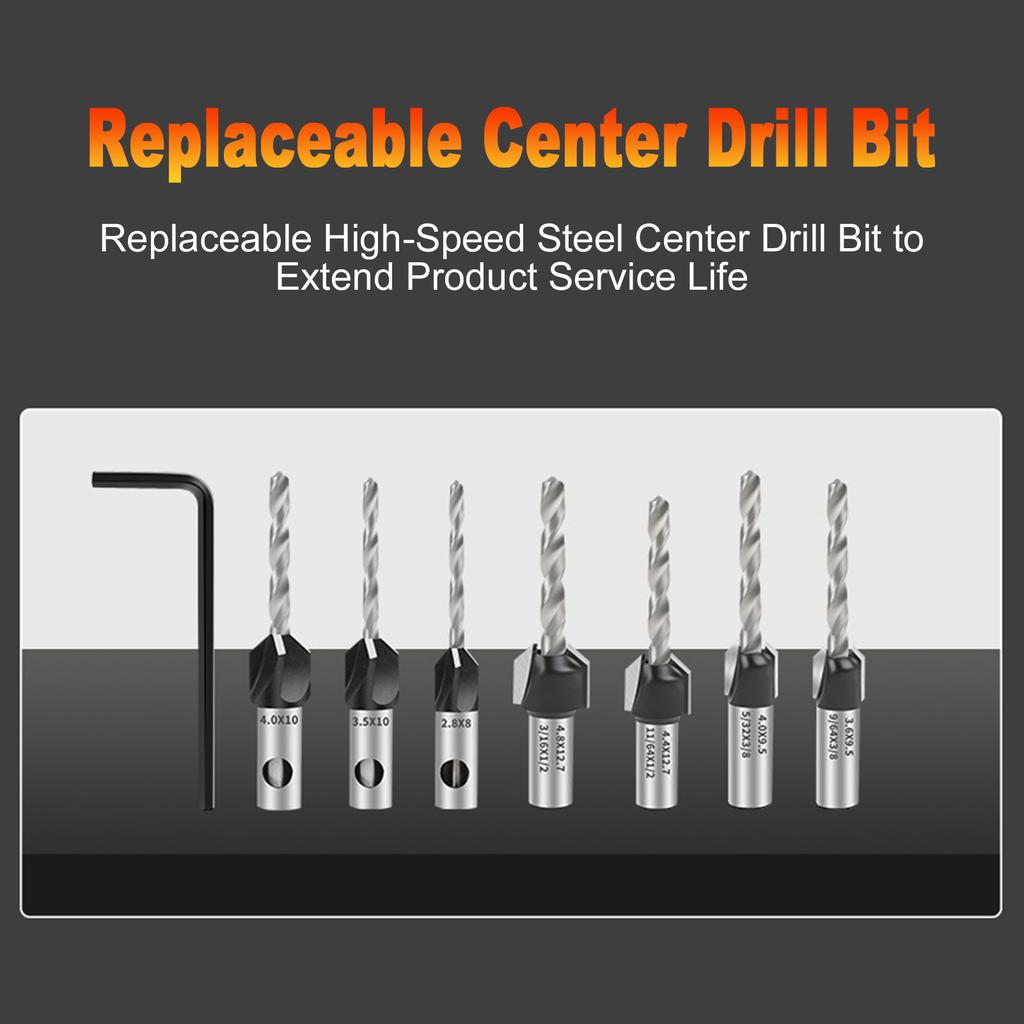 8PCS Countersink Drill Bit Set with Depth Stop and Hex Shank Adapter for Wood Screws, Includes 5 Center Bits 1 8  to 3