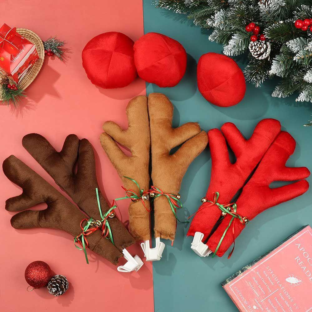 Christmas Car Decoration Antlers Red Nose Set Reindeer Decoration Vehicle Red Nose Elk Horn Decor Set