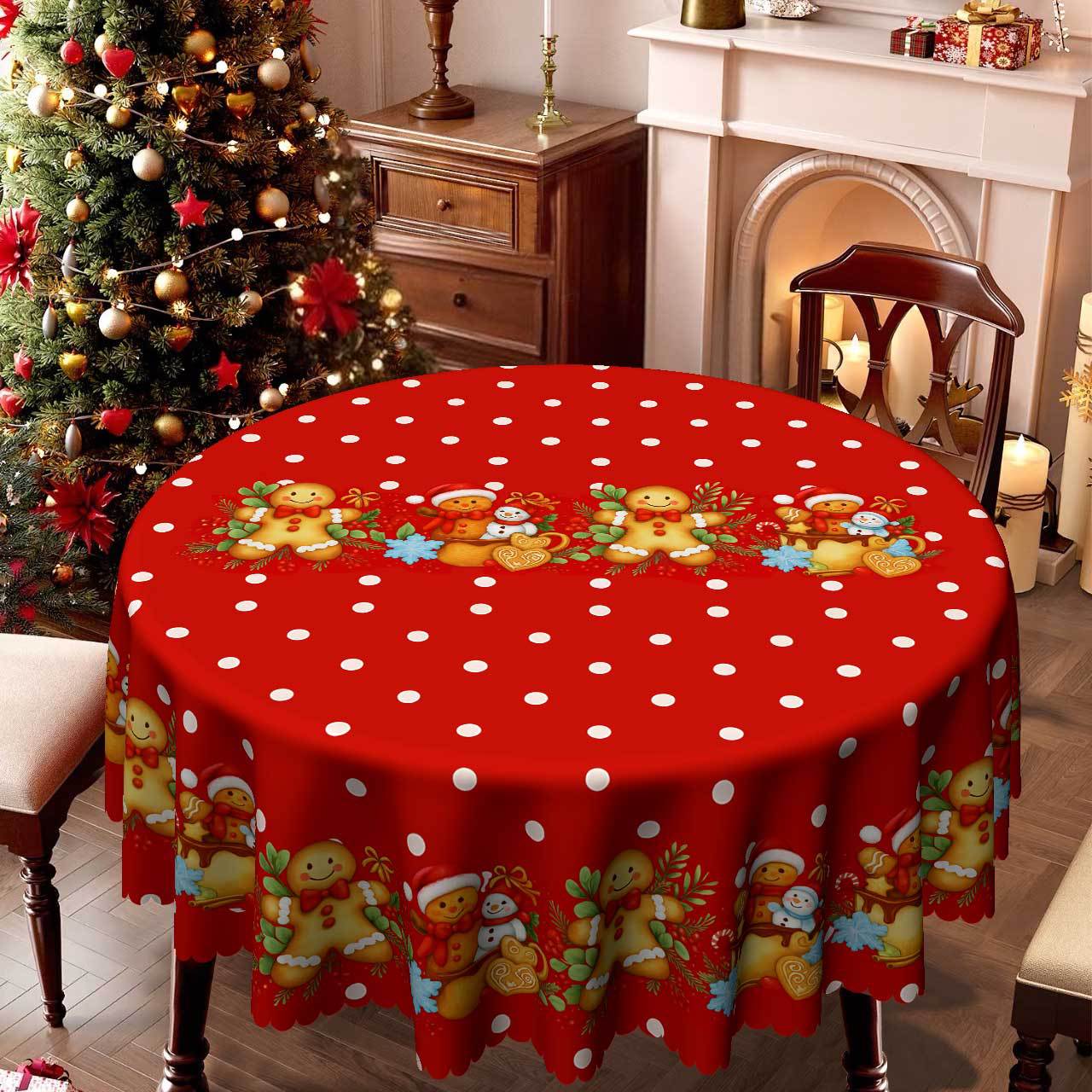 

Christmas-Themed Round Table Cloth, Red And White Polka Dot Gingerbread Man Pattern, Table Decoration Cloth, Festive Atmosphere Round tablecloth-152x152cm