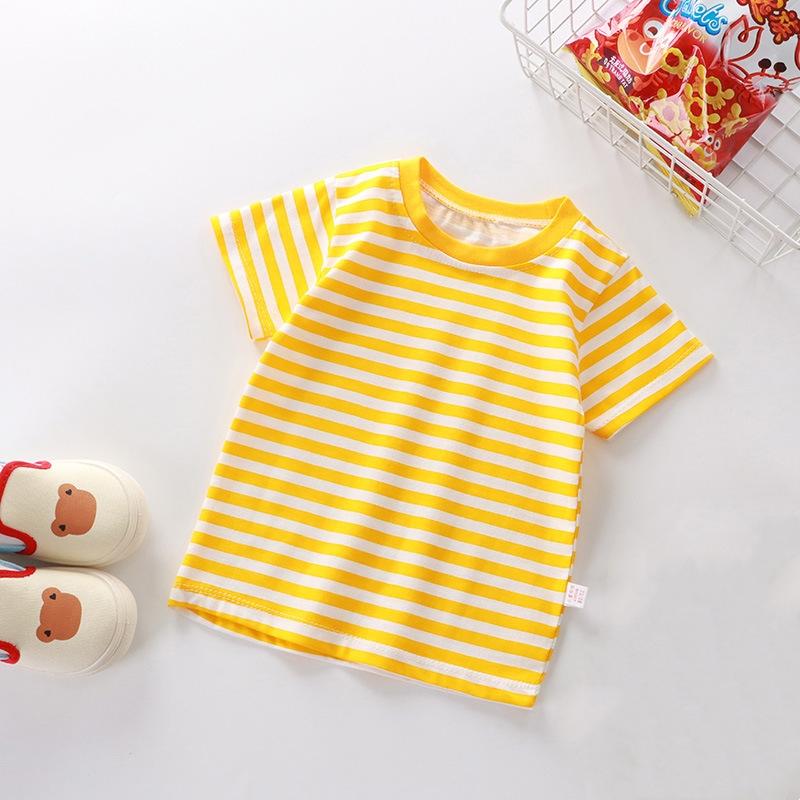 

Летние новые футболки в полоску для мальчиков и девочек, детская одежда, повседневные футболки с коротким рукавом и круглым вырезом из хлопка, футболки, детская одежда 110 жёлтый