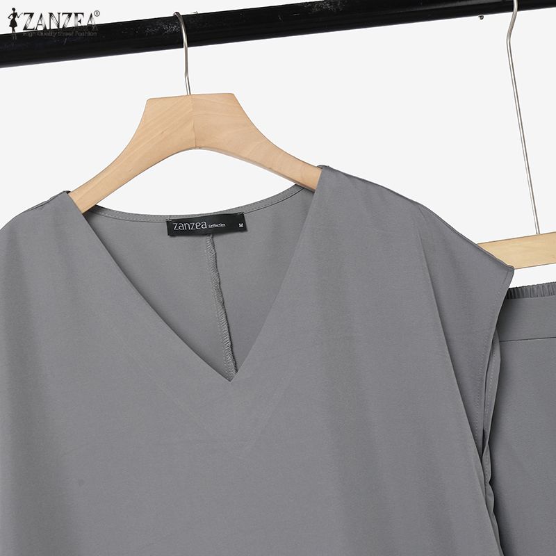 ZANZEA Women Short Sleeve Blouse and Long Pants Summer Two Piece Suit Sets